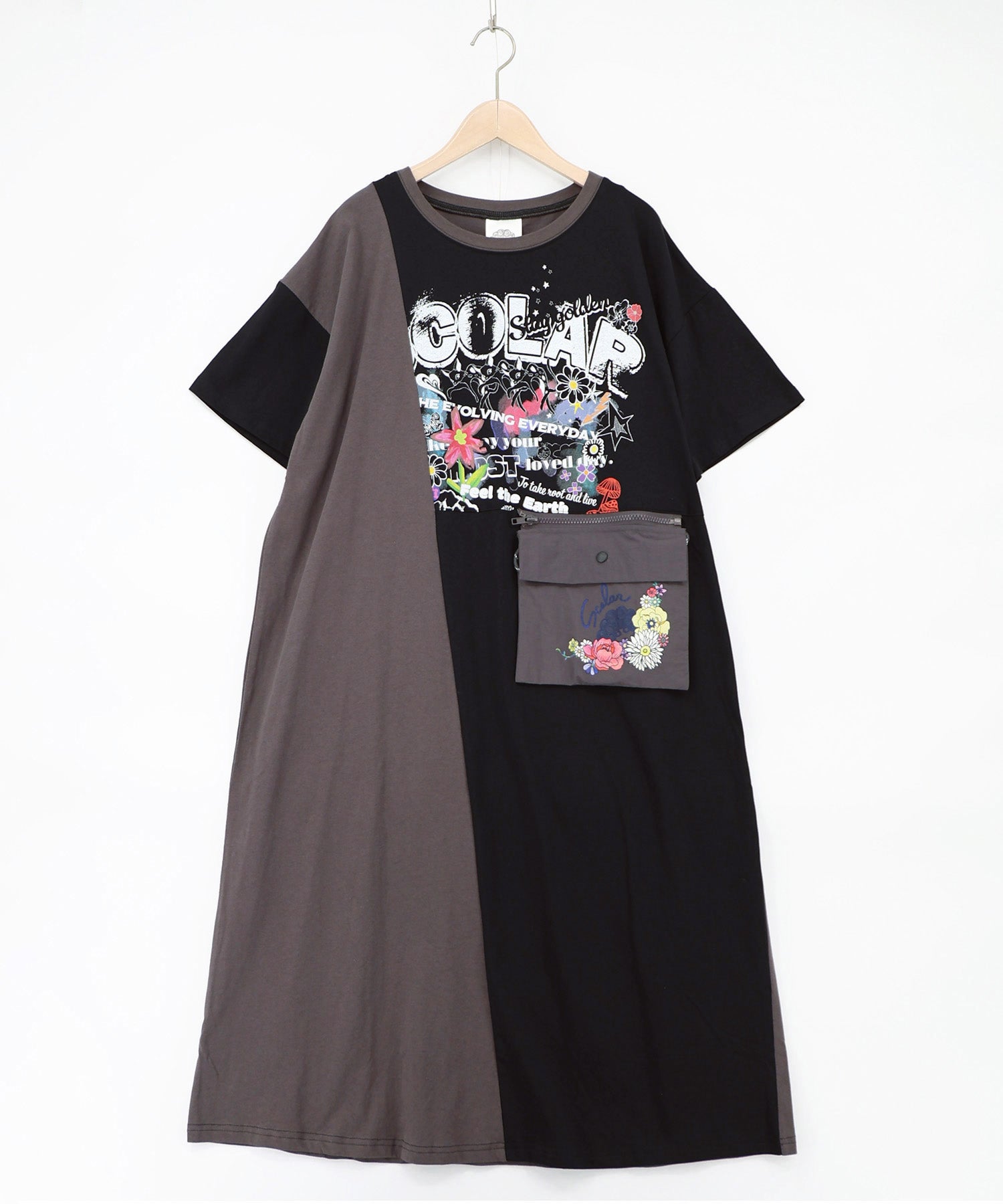 162614：取り外し可能サコッシュ付き ポップ柄配色ワンピースの通販-ScoLar