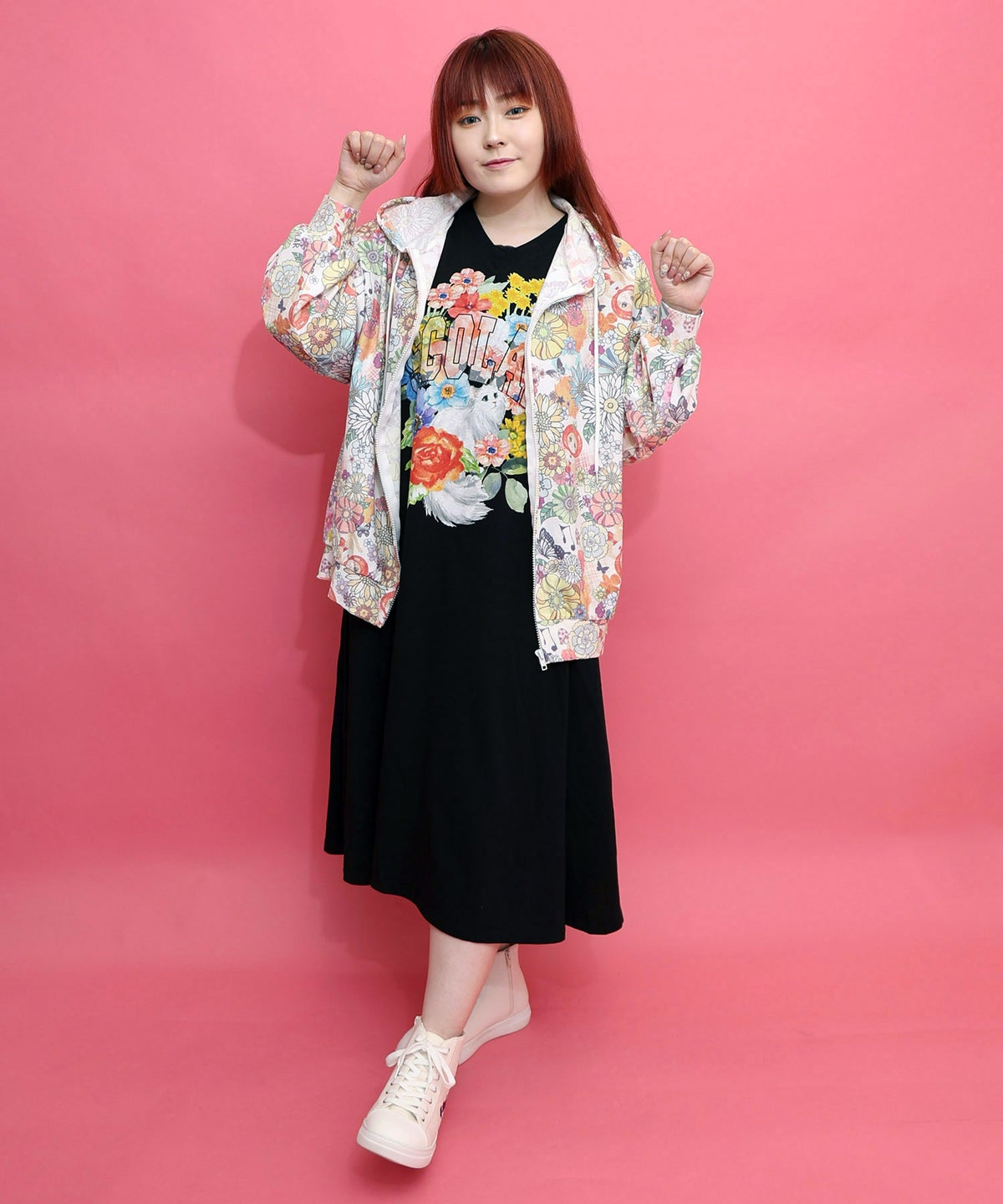 トマトにゃんこ×花柄 接触冷感パーカー-2