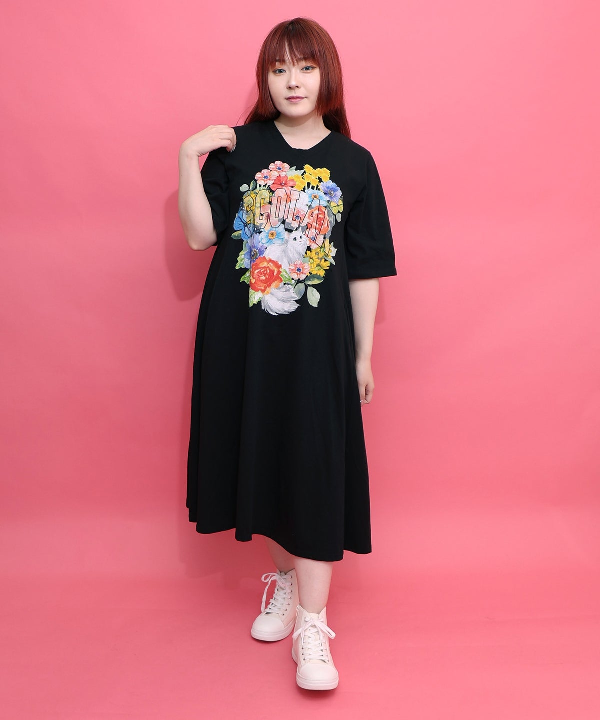 花ネコプリント 接触冷感ワンピース-1