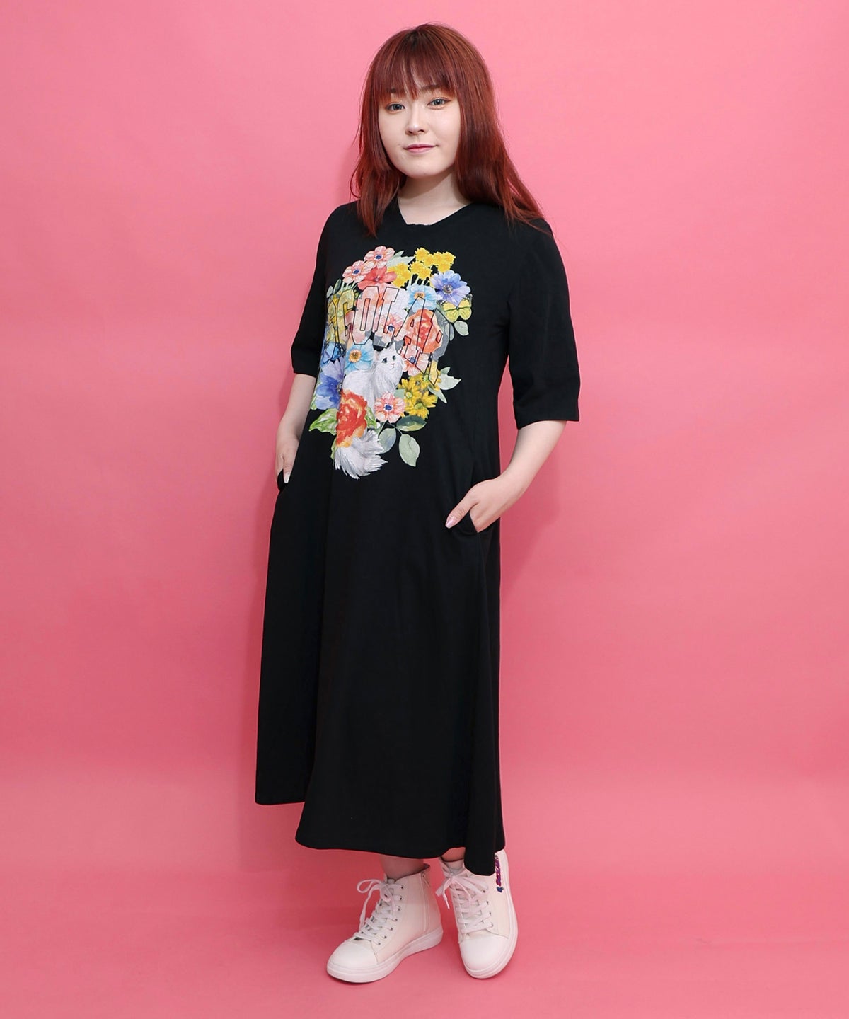 花ネコプリント 接触冷感ワンピース-3