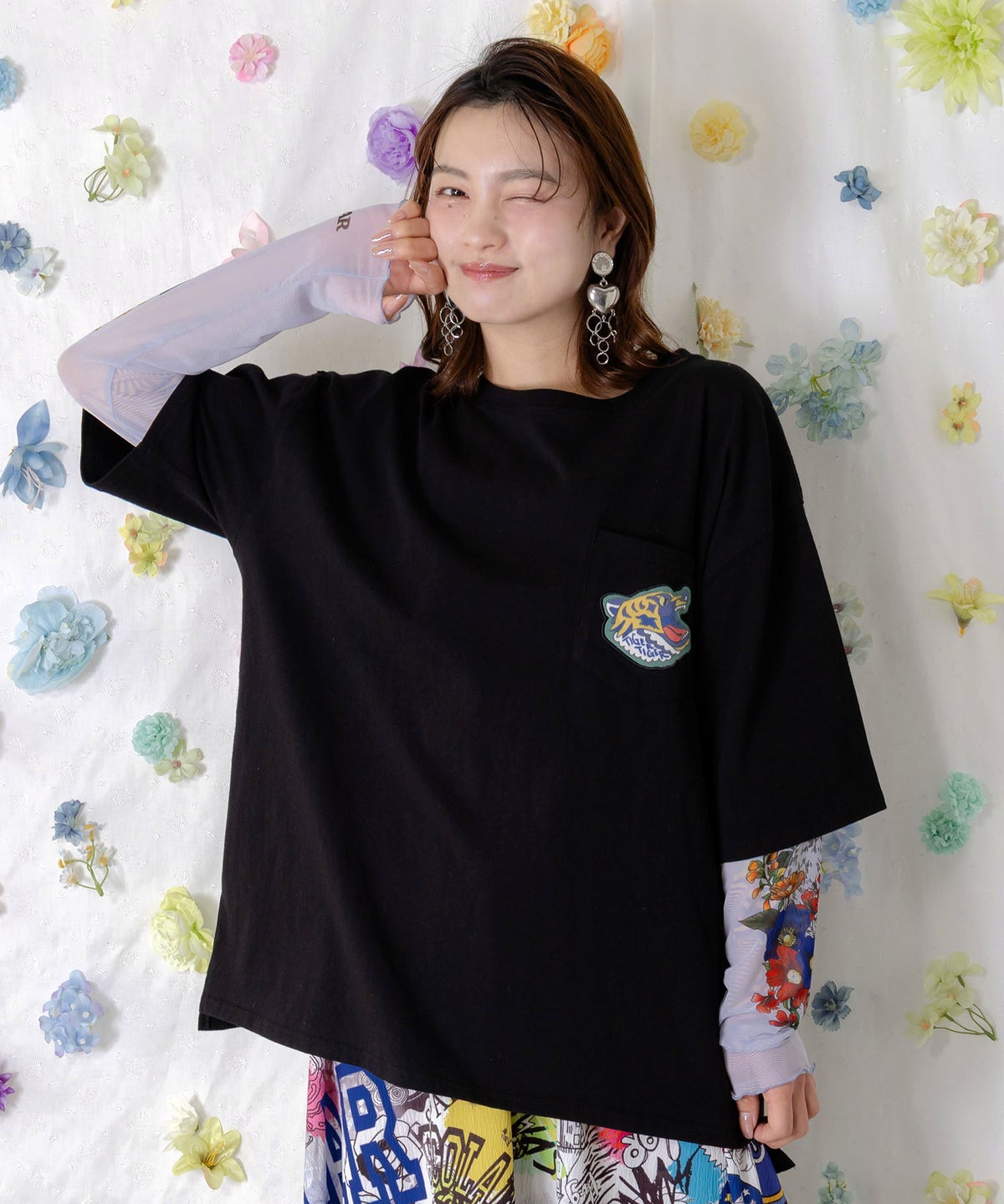 花ネコプリント袖チュールインナー-2