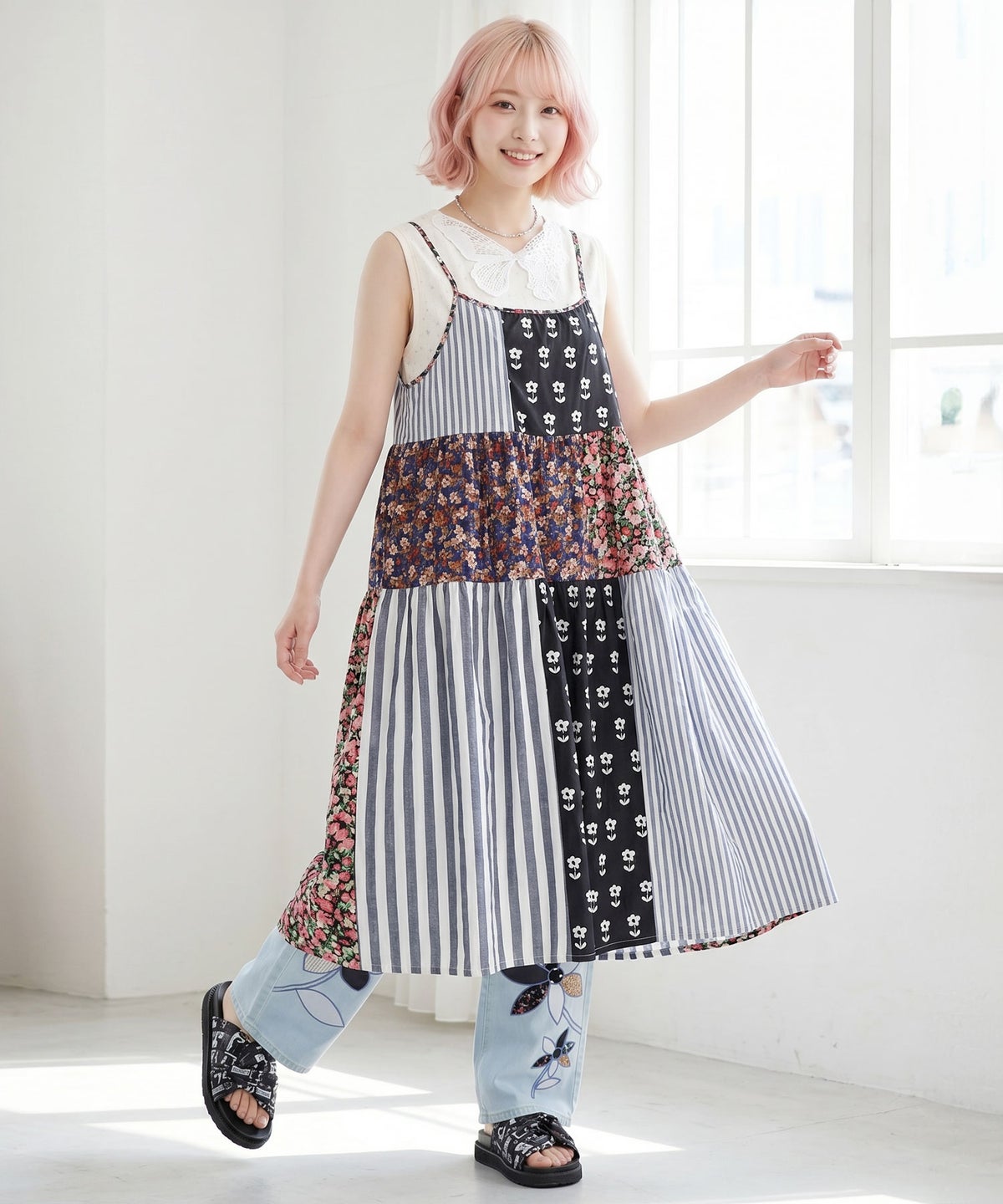花柄×ストライプ パッチワーク風キャミワンピース-1