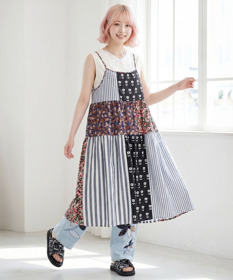 花柄×ストライプ パッチワーク風キャミワンピース-1