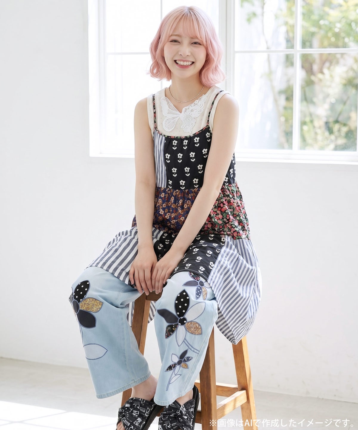 花柄×ストライプ パッチワーク風キャミワンピース-2