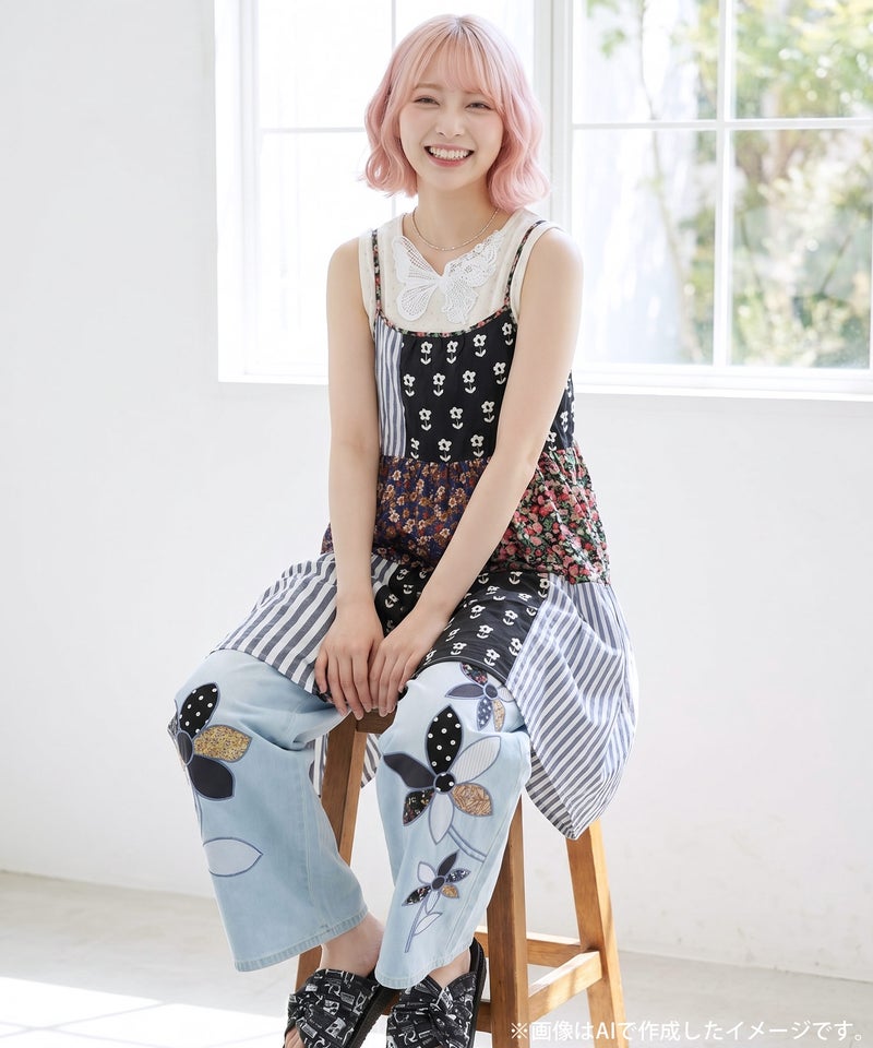 花柄×ストライプ パッチワーク風キャミワンピース-2
