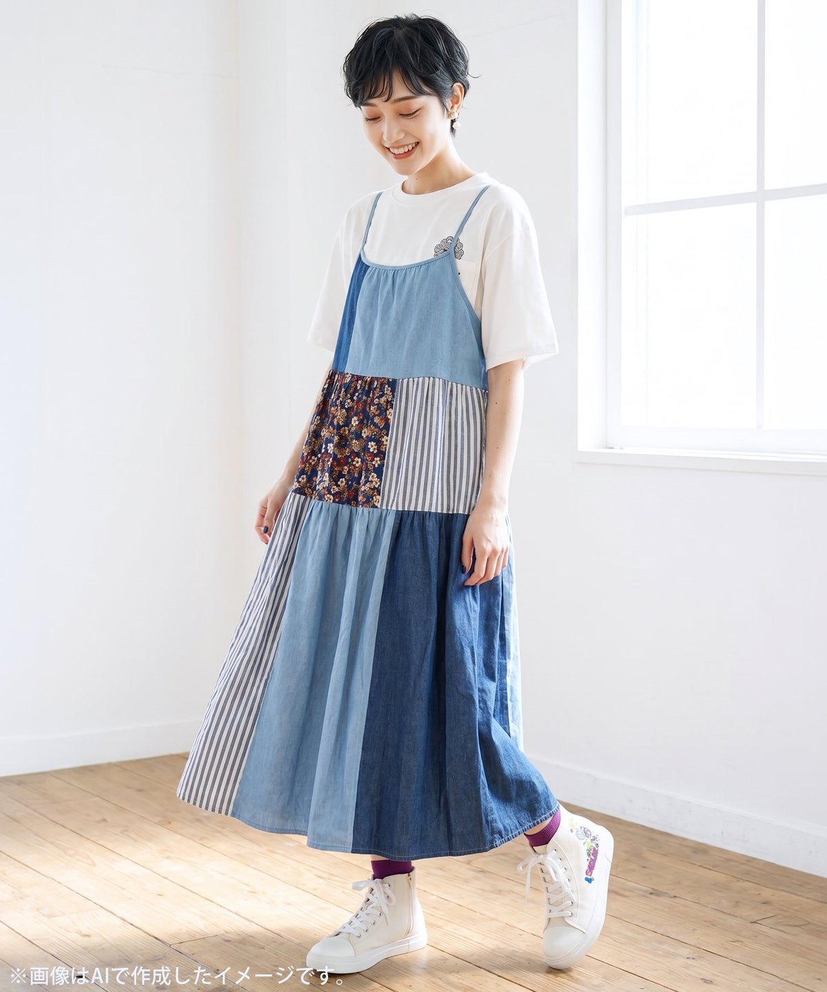 花柄×ストライプ パッチワーク風キャミワンピース-3