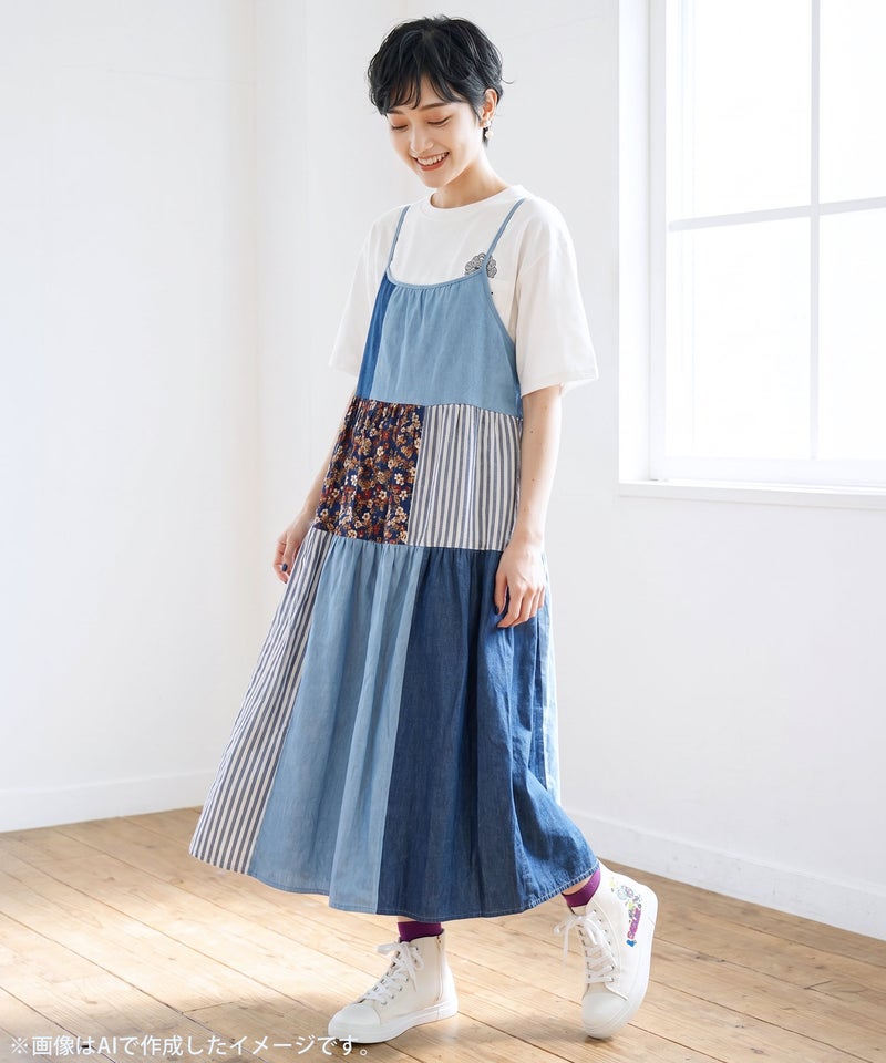 花柄×ストライプ パッチワーク風キャミワンピース-3