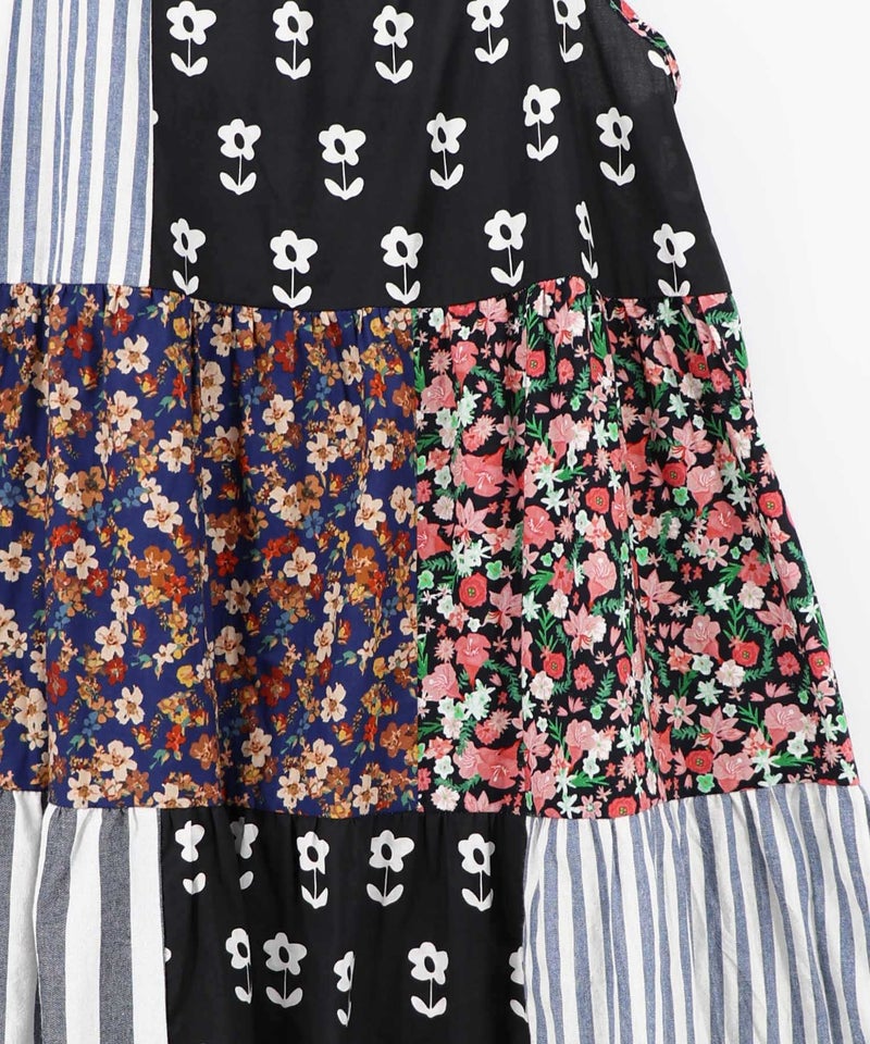 花柄×ストライプ パッチワーク風キャミワンピース-9