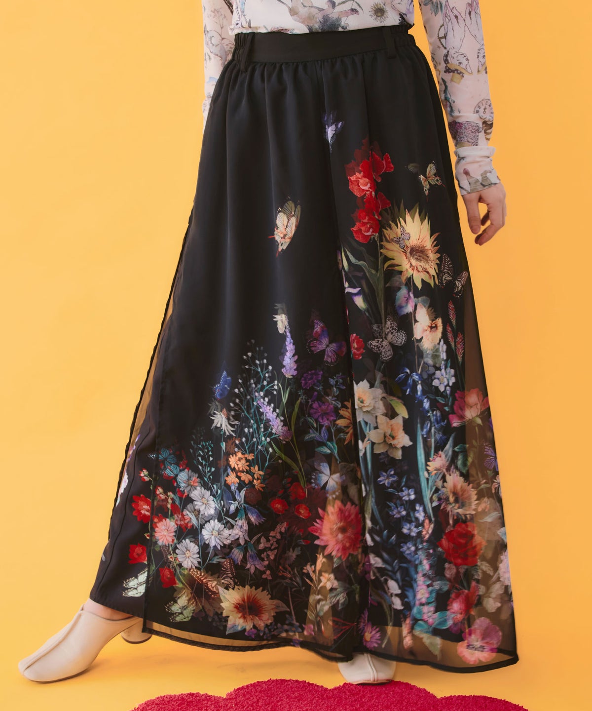 花柄シフォン×花柄生地 3D風パンツ-1