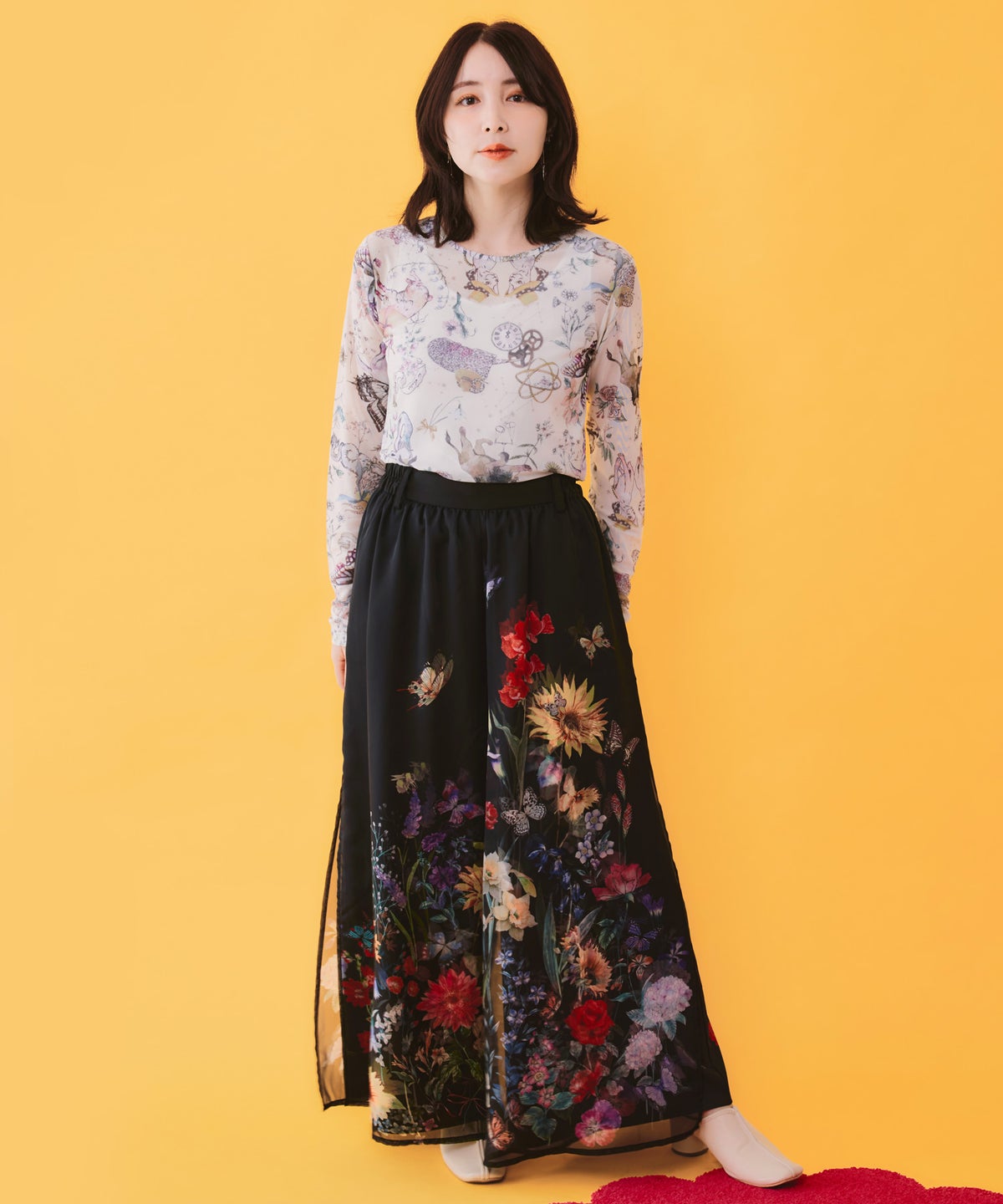 花柄シフォン×花柄生地 3D風パンツ-3