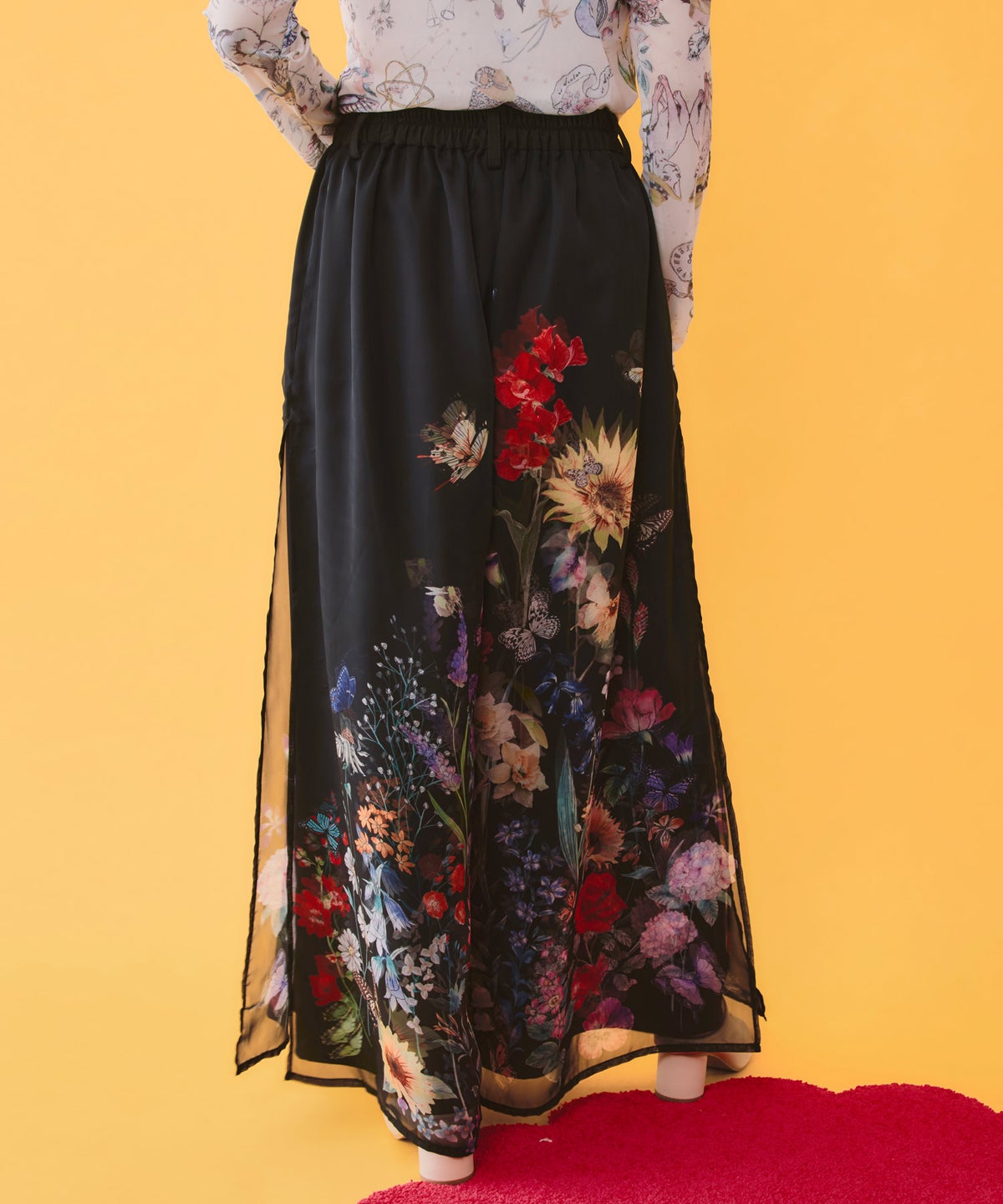 花柄シフォン×花柄生地 3D風パンツ-5