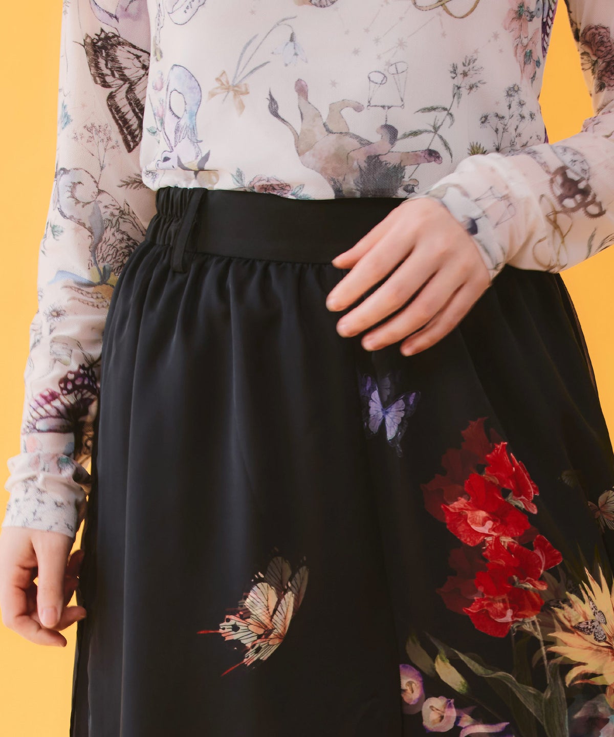 花柄シフォン×花柄生地 3D風パンツ-6