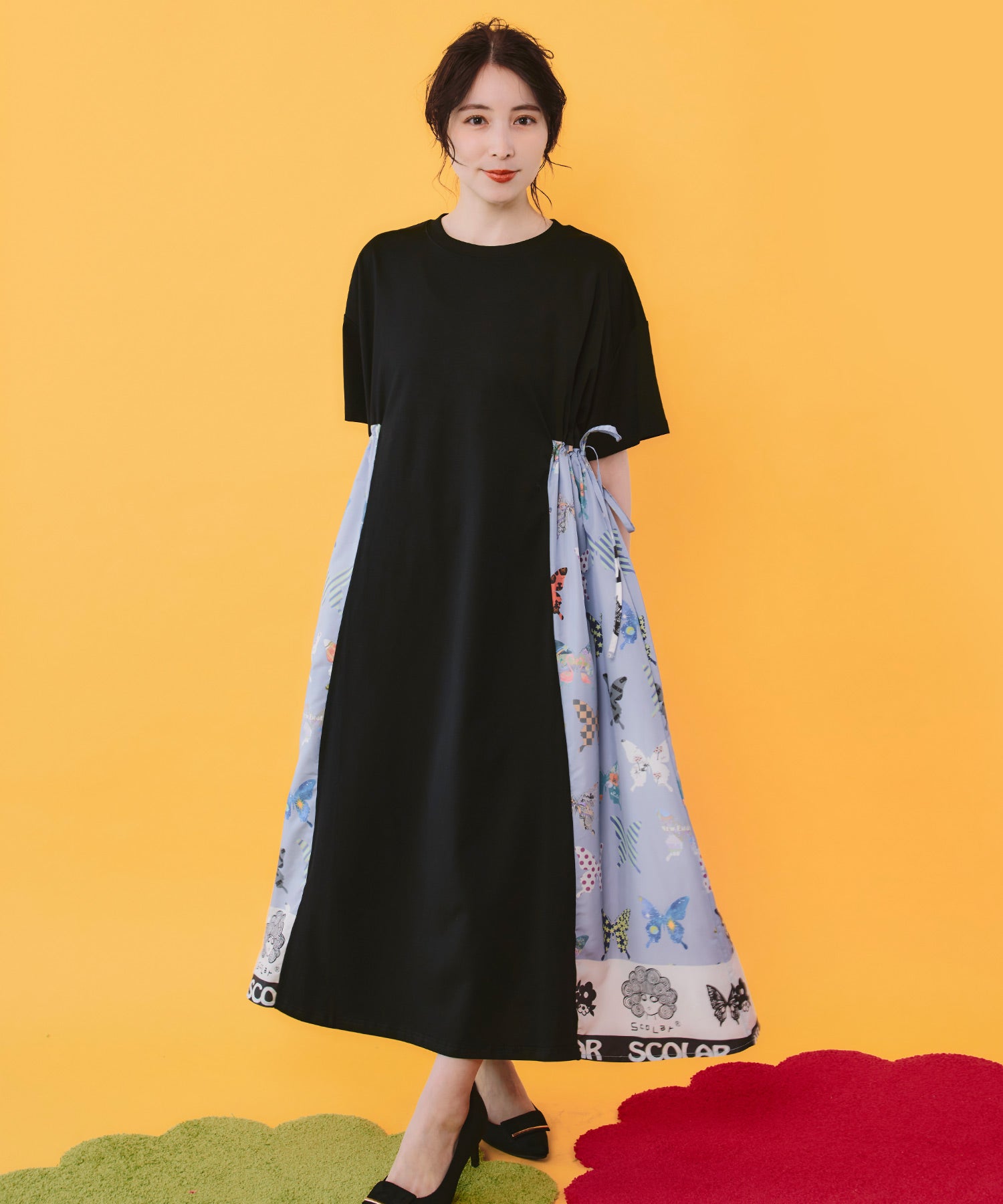 スカラー ScoLar 162661：天竺×蝶柄布帛ワンピース 162661：天竺×蝶柄布帛ワンピースの通販-ScoLar