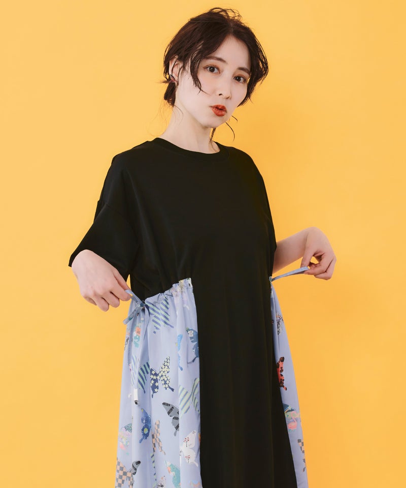 天竺×蝶柄布帛ワンピース-2