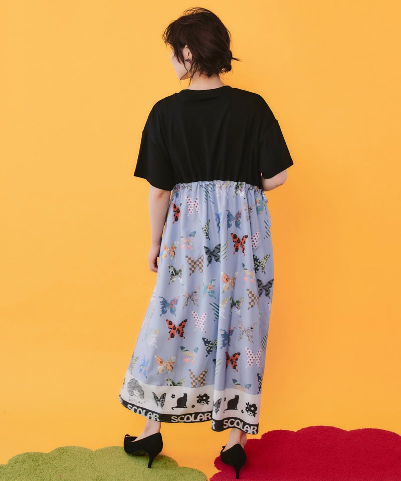 天竺×蝶柄布帛ワンピース-3