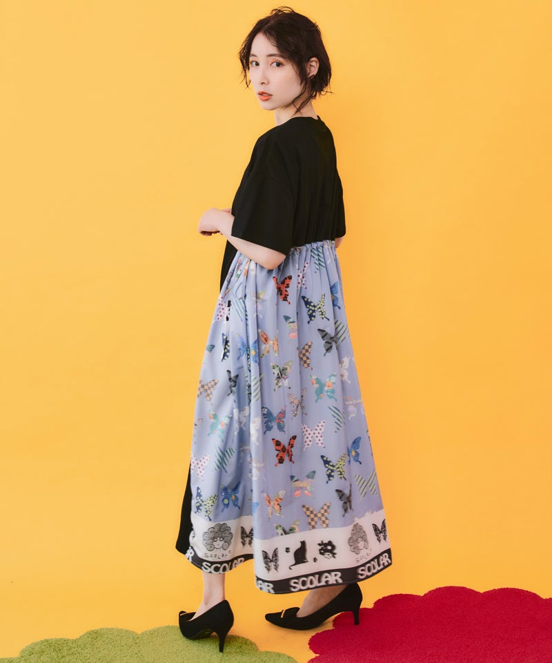 天竺×蝶柄布帛ワンピース-4