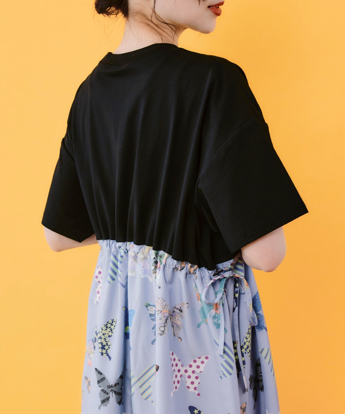 天竺×蝶柄布帛ワンピース-5