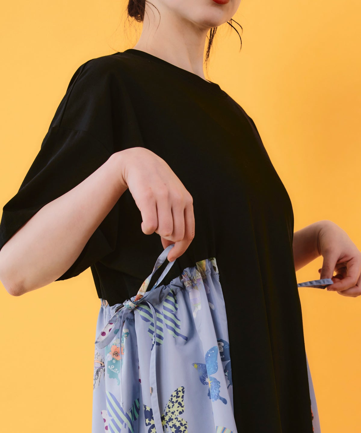 天竺×蝶柄布帛ワンピース-6