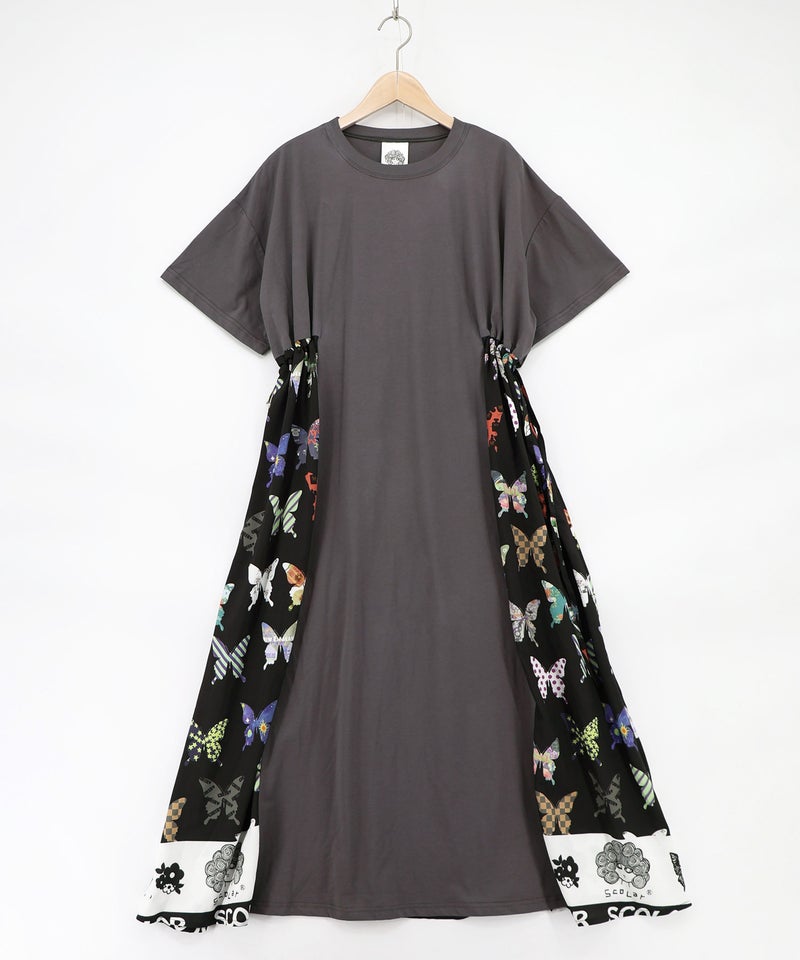 天竺×蝶柄布帛ワンピース-9