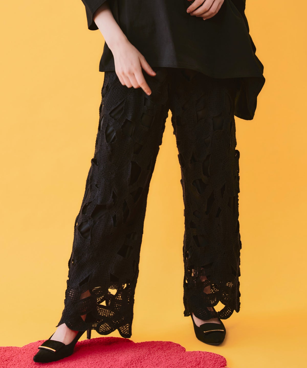 かぎ針風 大花レース編みパンツ-1