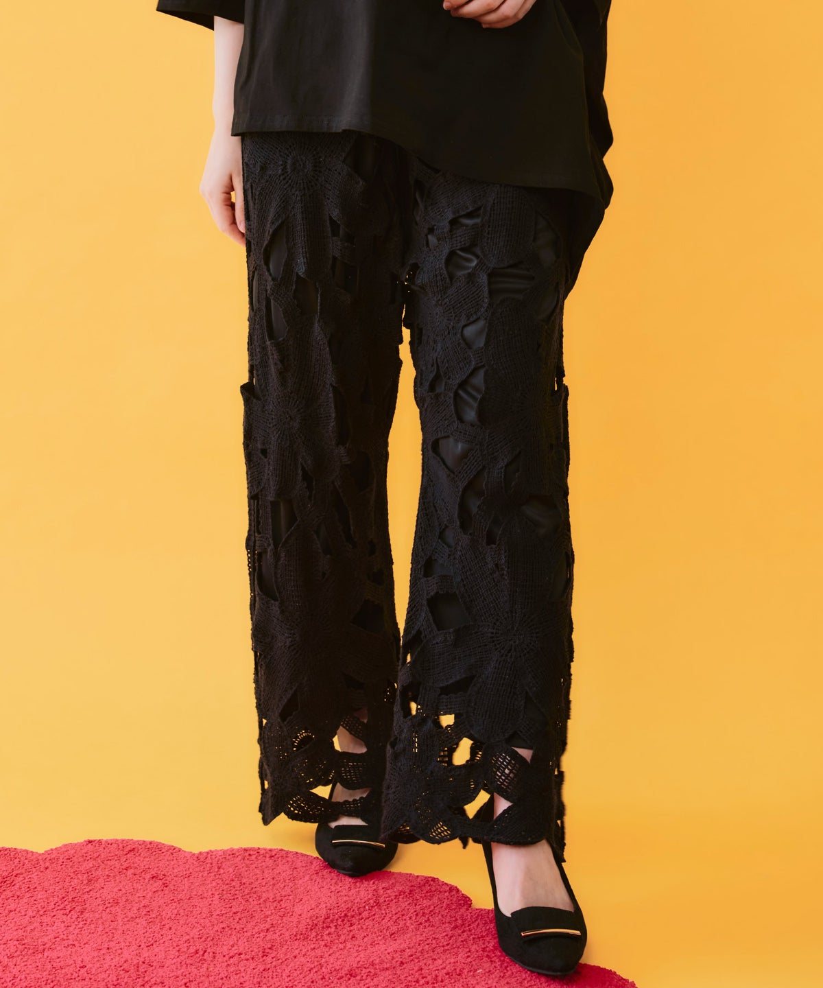 かぎ針風 大花レース編みパンツ-3