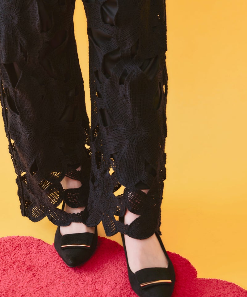 かぎ針風 大花レース編みパンツ-5