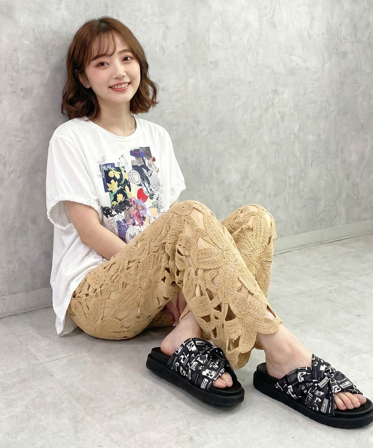 かぎ針風 大花レース編みパンツ-8