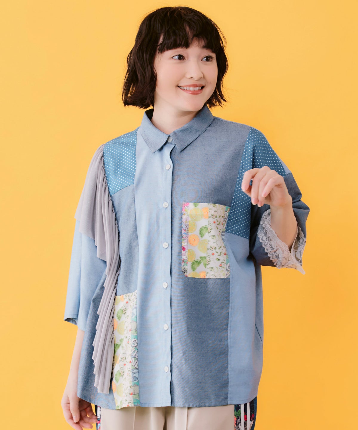 デニム×水玉×チュール×総柄 パッチワーク風シャツ-1