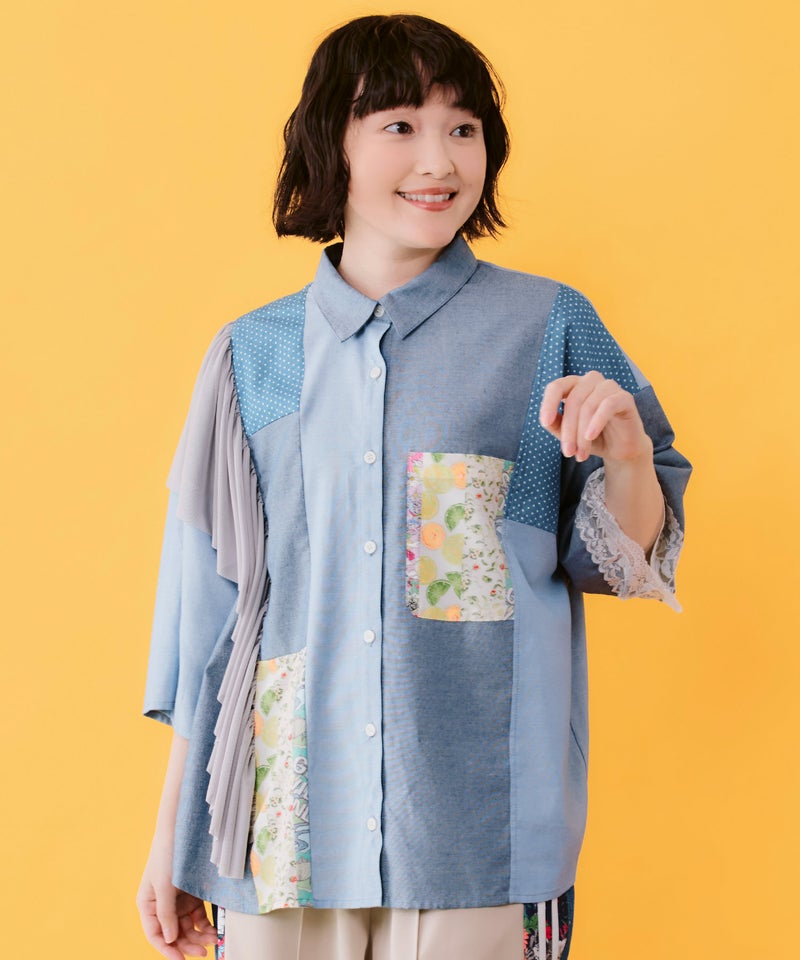 デニム×水玉×チュール×総柄 パッチワーク風シャツ-1