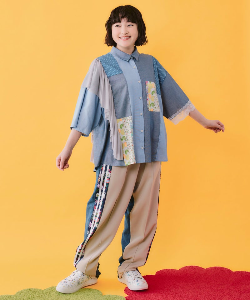 デニム×水玉×チュール×総柄 パッチワーク風シャツ-2