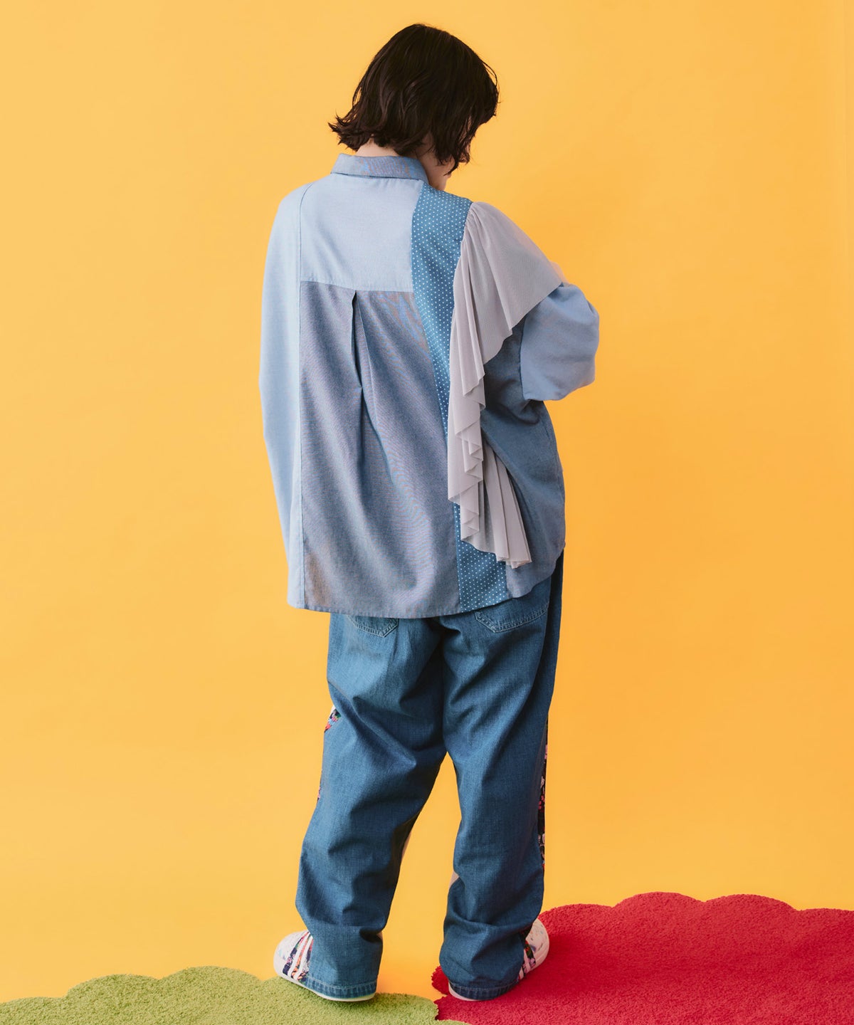 デニム×水玉×チュール×総柄 パッチワーク風シャツ-3