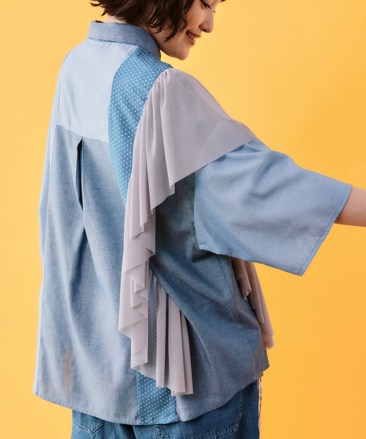 デニム×水玉×チュール×総柄 パッチワーク風シャツ-4