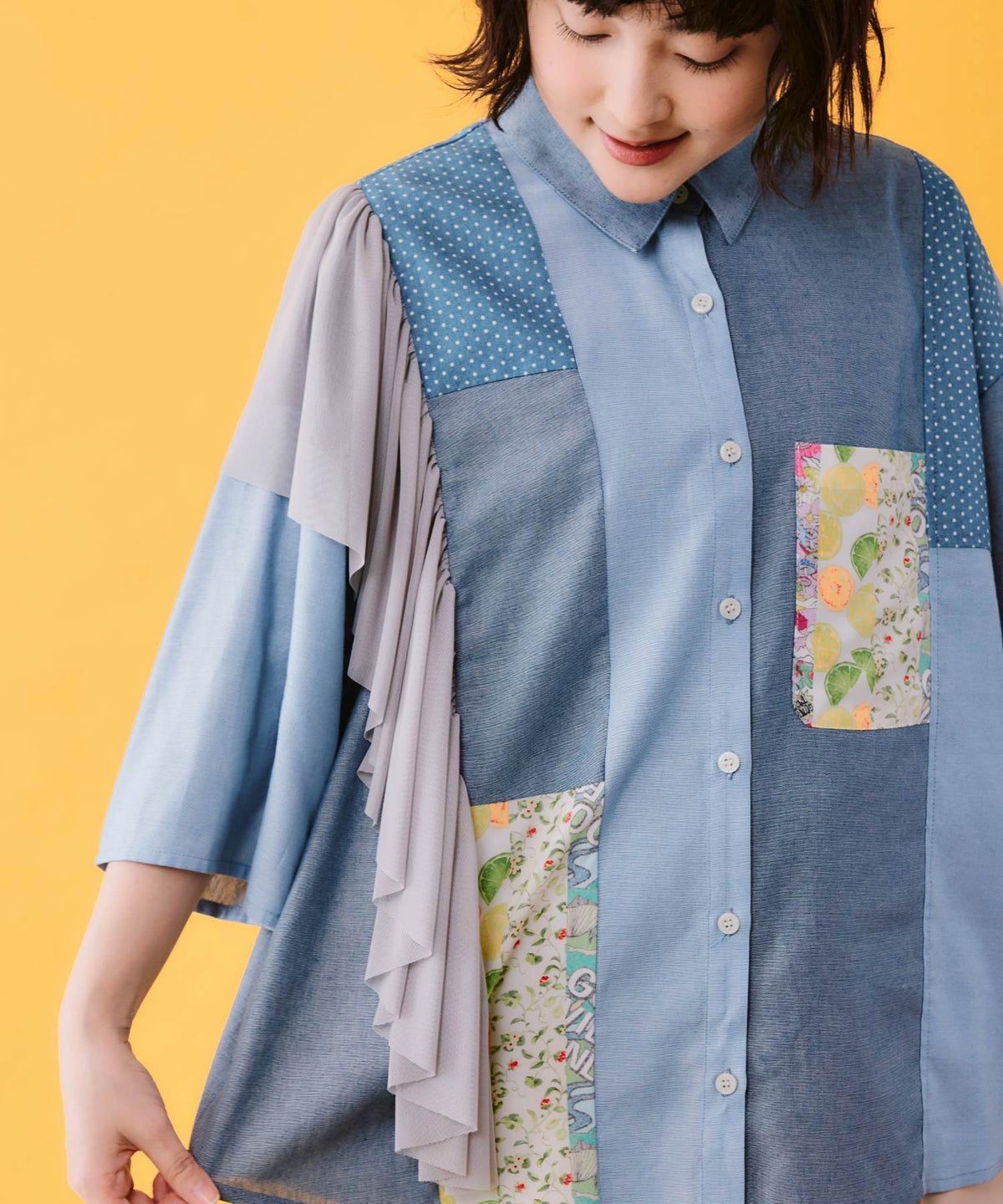 デニム×水玉×チュール×総柄 パッチワーク風シャツ-5