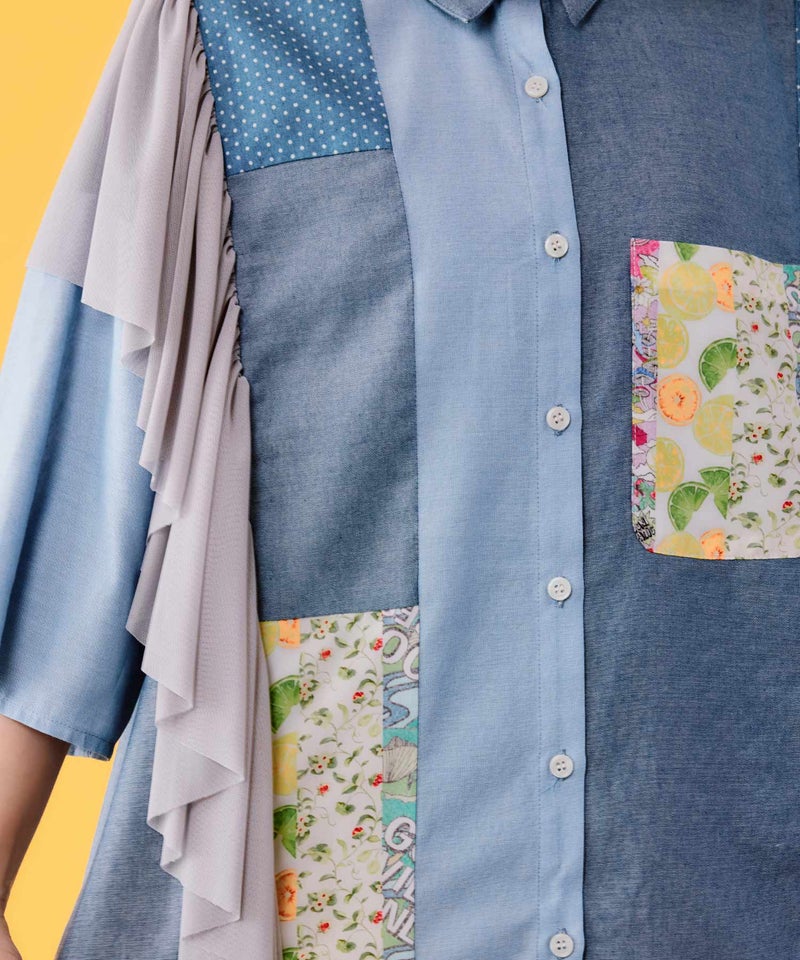 デニム×水玉×チュール×総柄 パッチワーク風シャツ-6