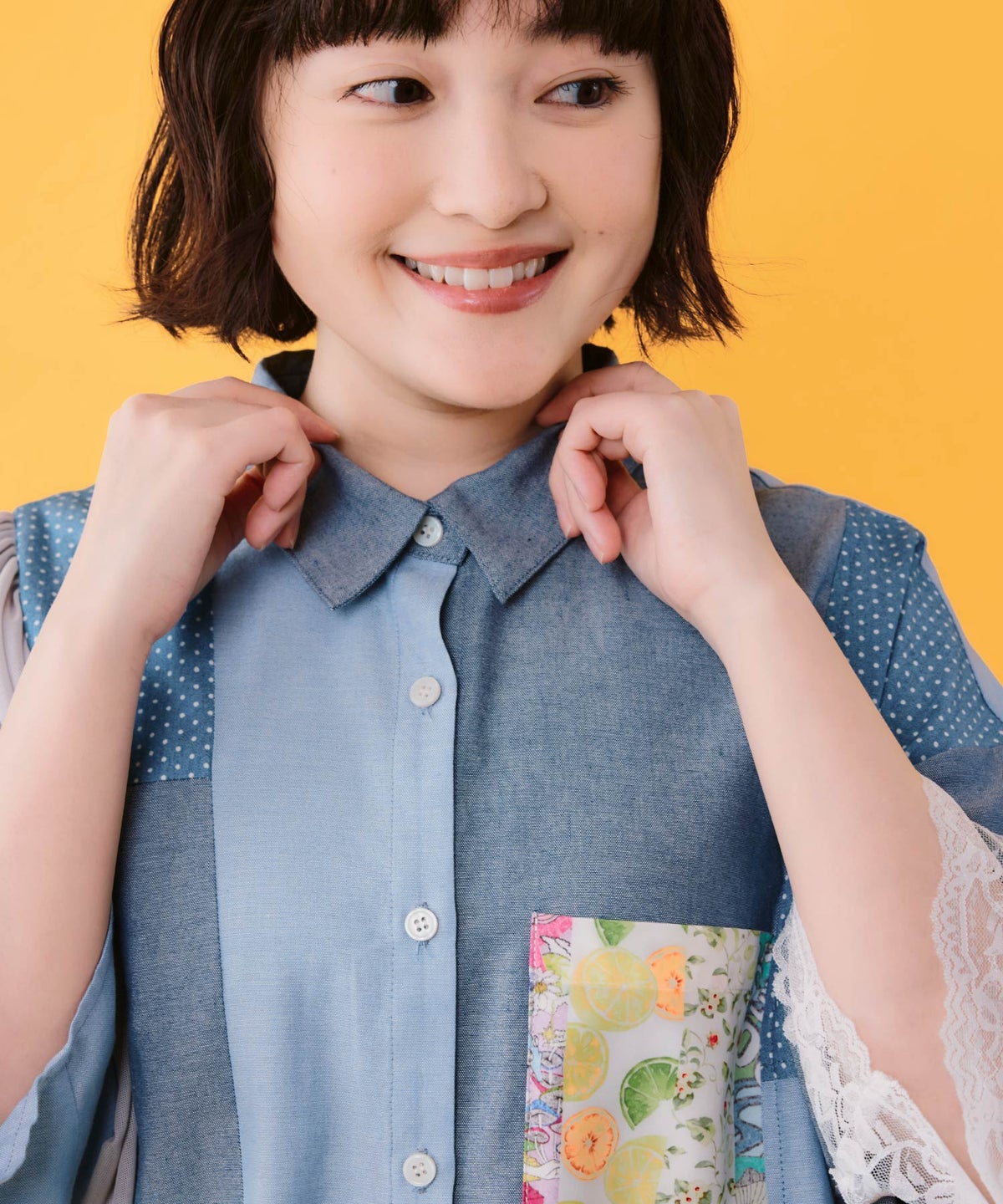 デニム×水玉×チュール×総柄 パッチワーク風シャツ-7