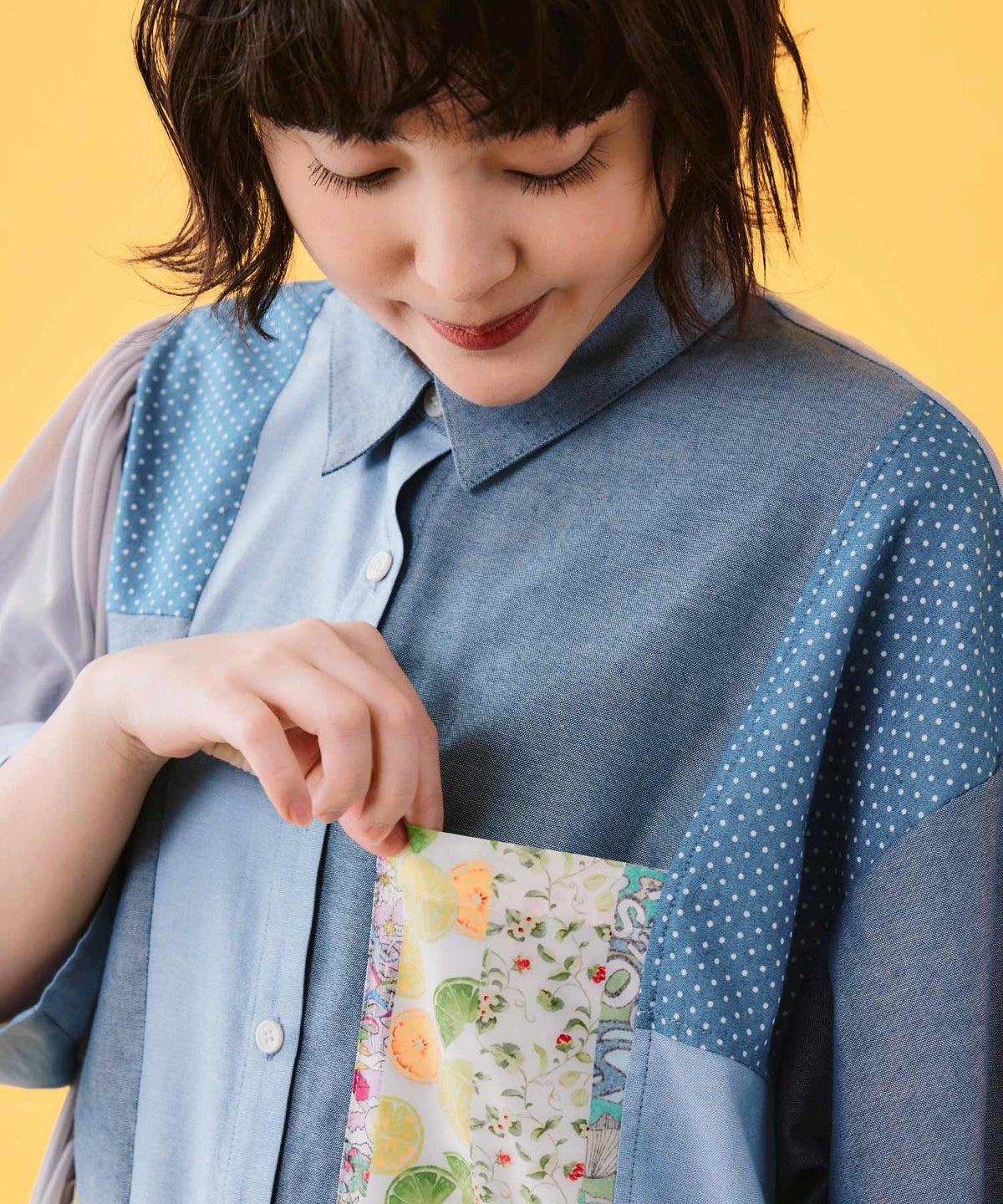 デニム×水玉×チュール×総柄 パッチワーク風シャツ-8