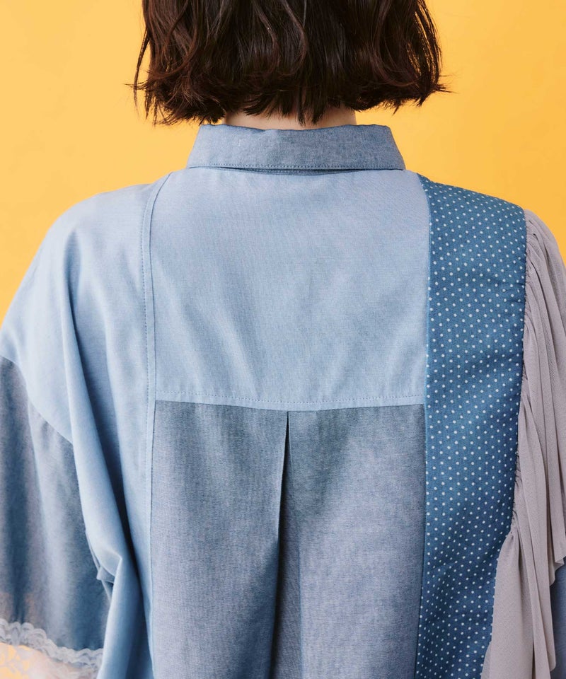 デニム×水玉×チュール×総柄 パッチワーク風シャツ-9