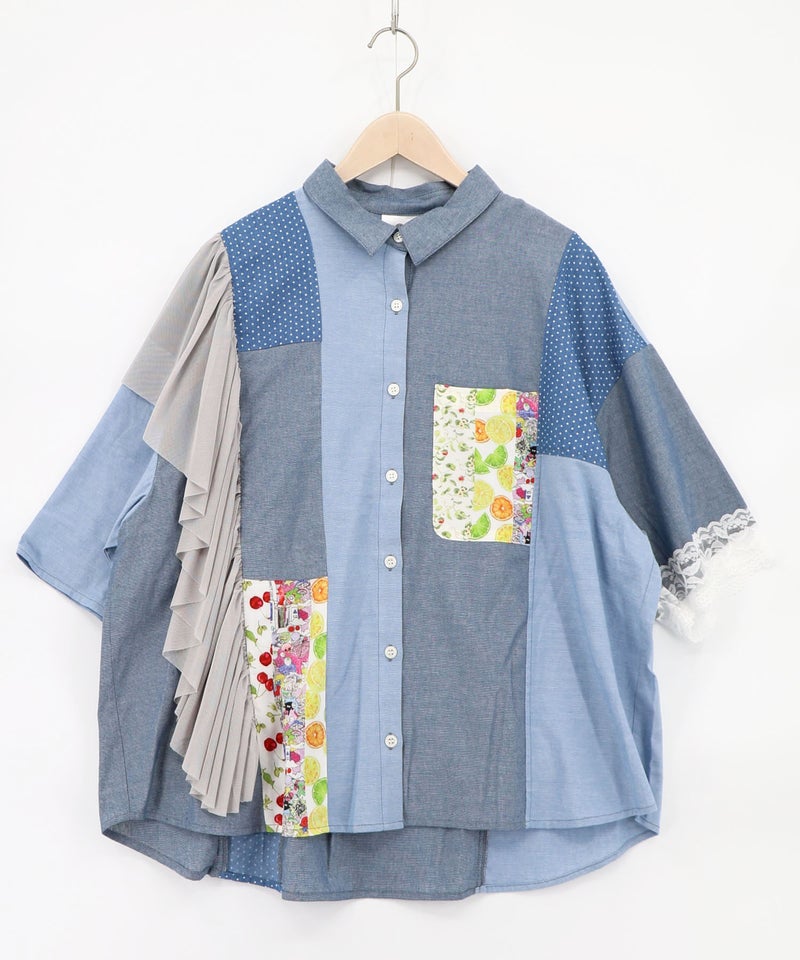 デニム×水玉×チュール×総柄 パッチワーク風シャツ-10