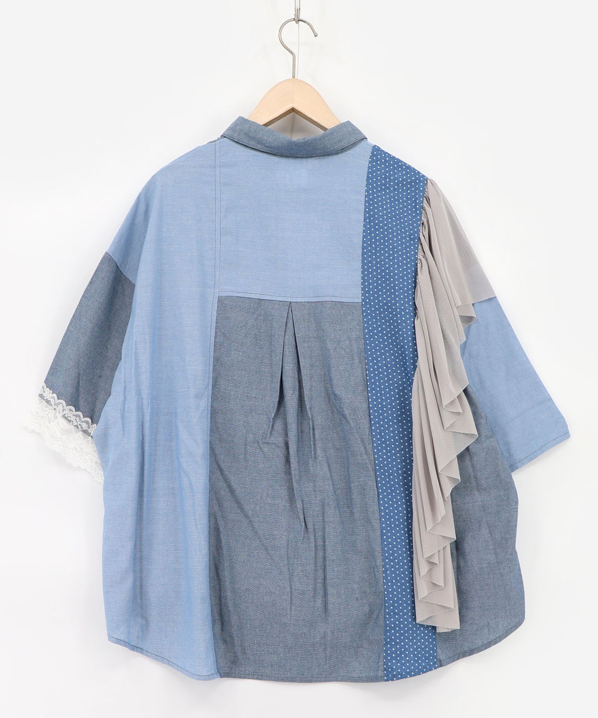 デニム×水玉×チュール×総柄 パッチワーク風シャツ-11