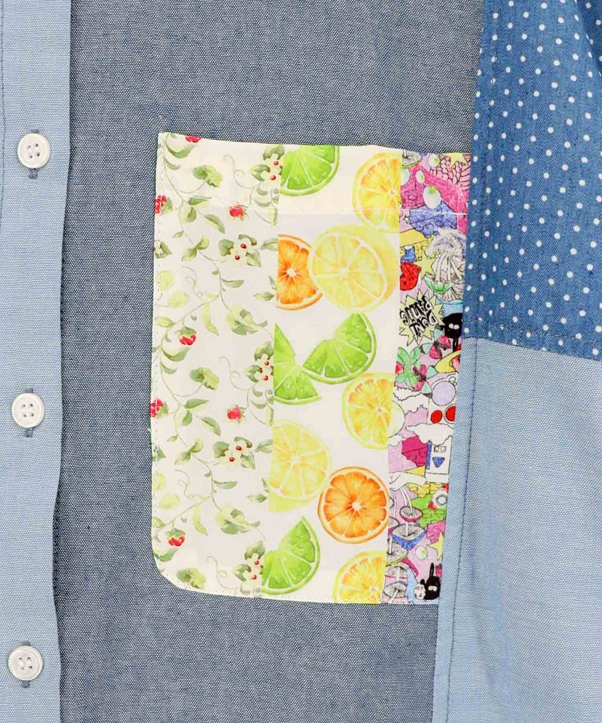 デニム×水玉×チュール×総柄 パッチワーク風シャツ-12