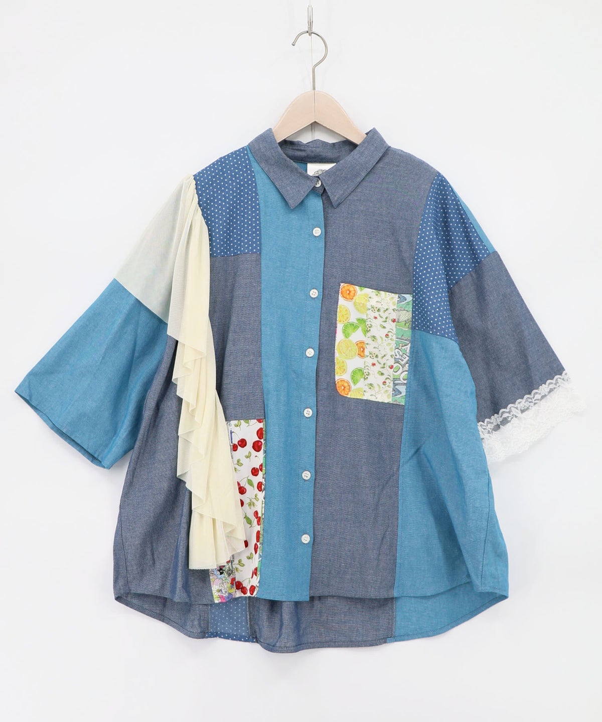 デニム×水玉×チュール×総柄 パッチワーク風シャツ-13