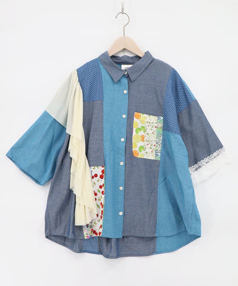 デニム×水玉×チュール×総柄 パッチワーク風シャツ-13