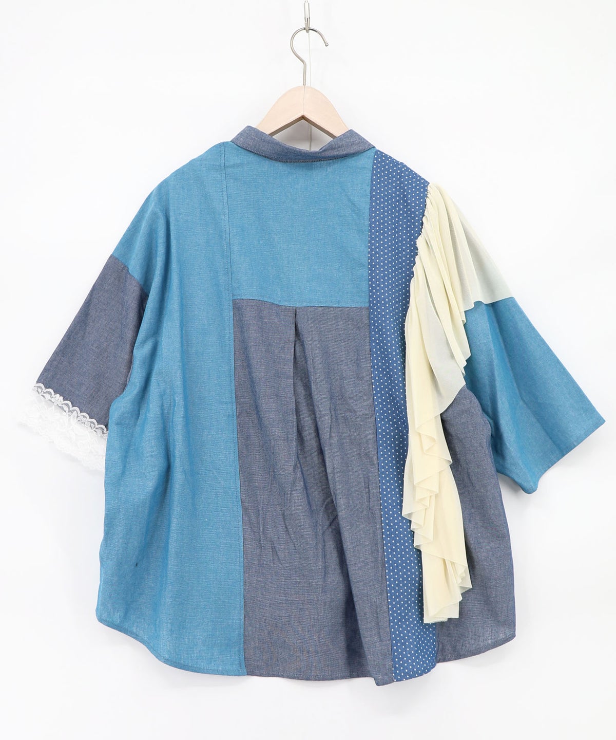デニム×水玉×チュール×総柄 パッチワーク風シャツ-14