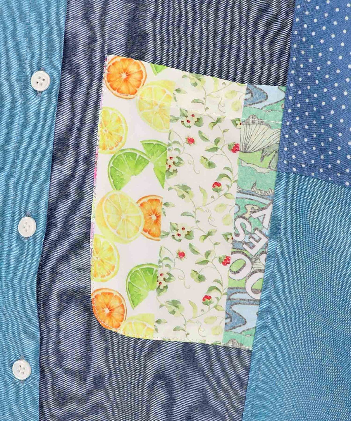 デニム×水玉×チュール×総柄 パッチワーク風シャツ-15