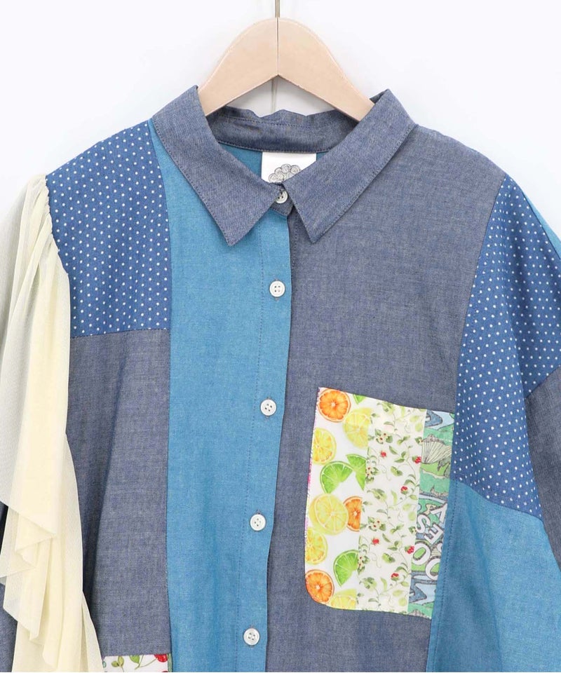 デニム×水玉×チュール×総柄 パッチワーク風シャツ-16