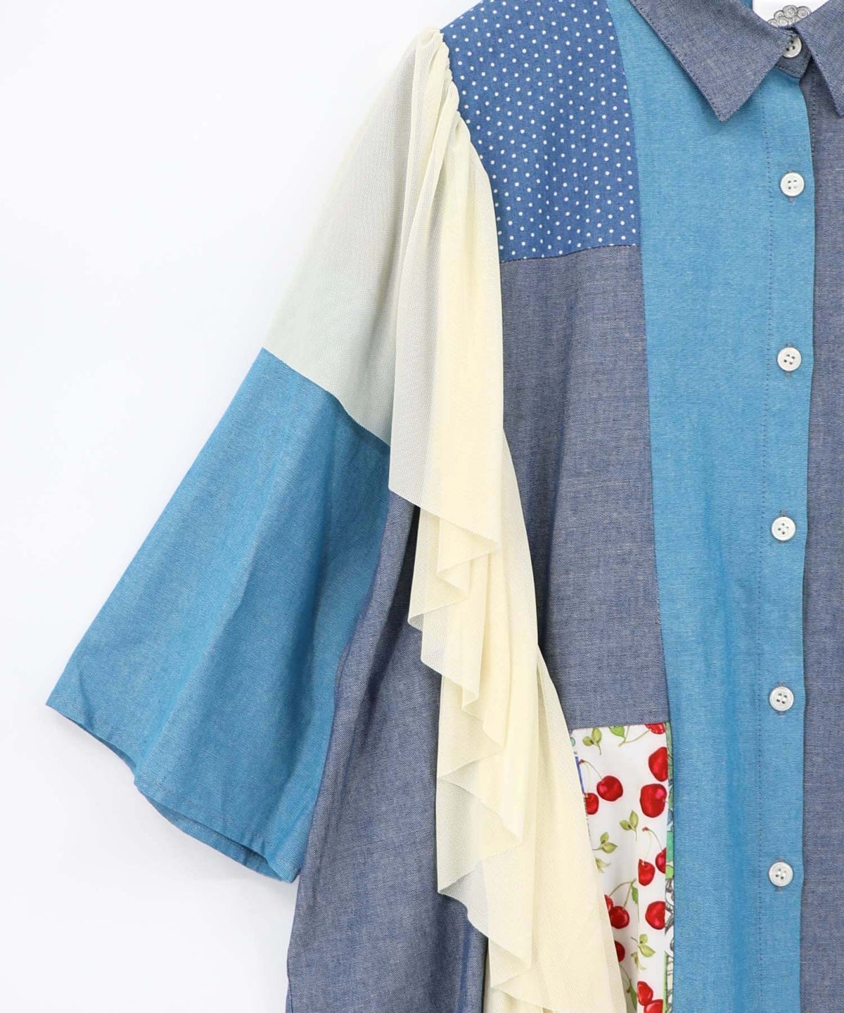 デニム×水玉×チュール×総柄 パッチワーク風シャツ-17