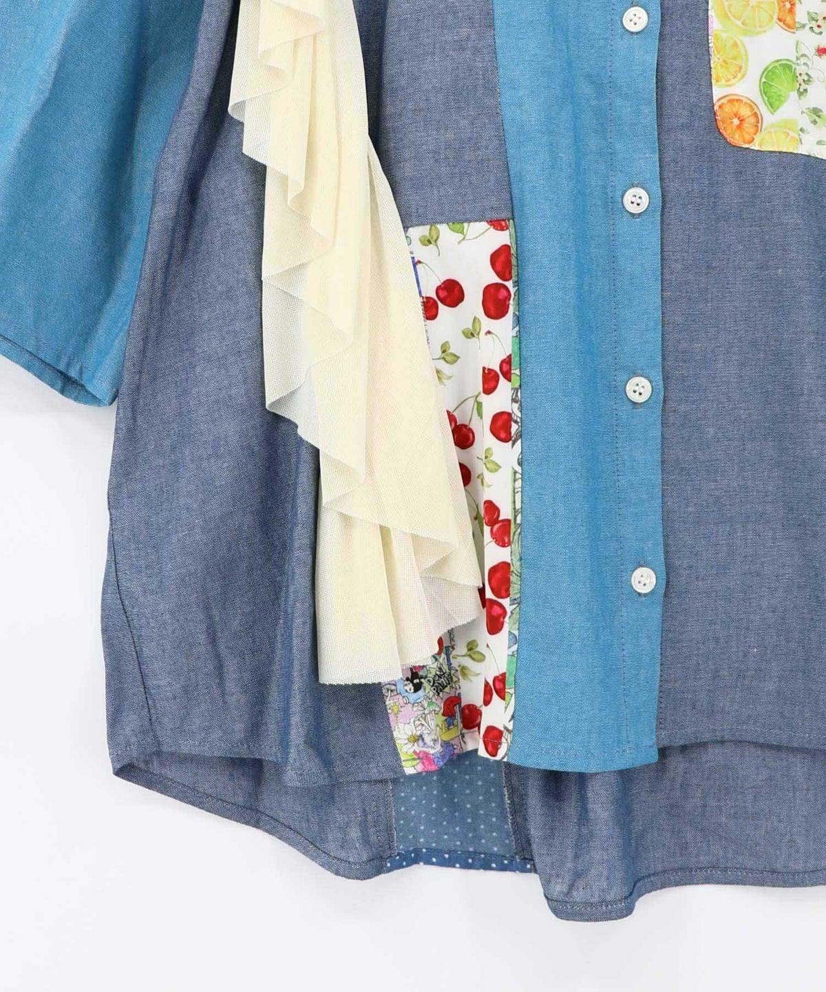 デニム×水玉×チュール×総柄 パッチワーク風シャツ-18