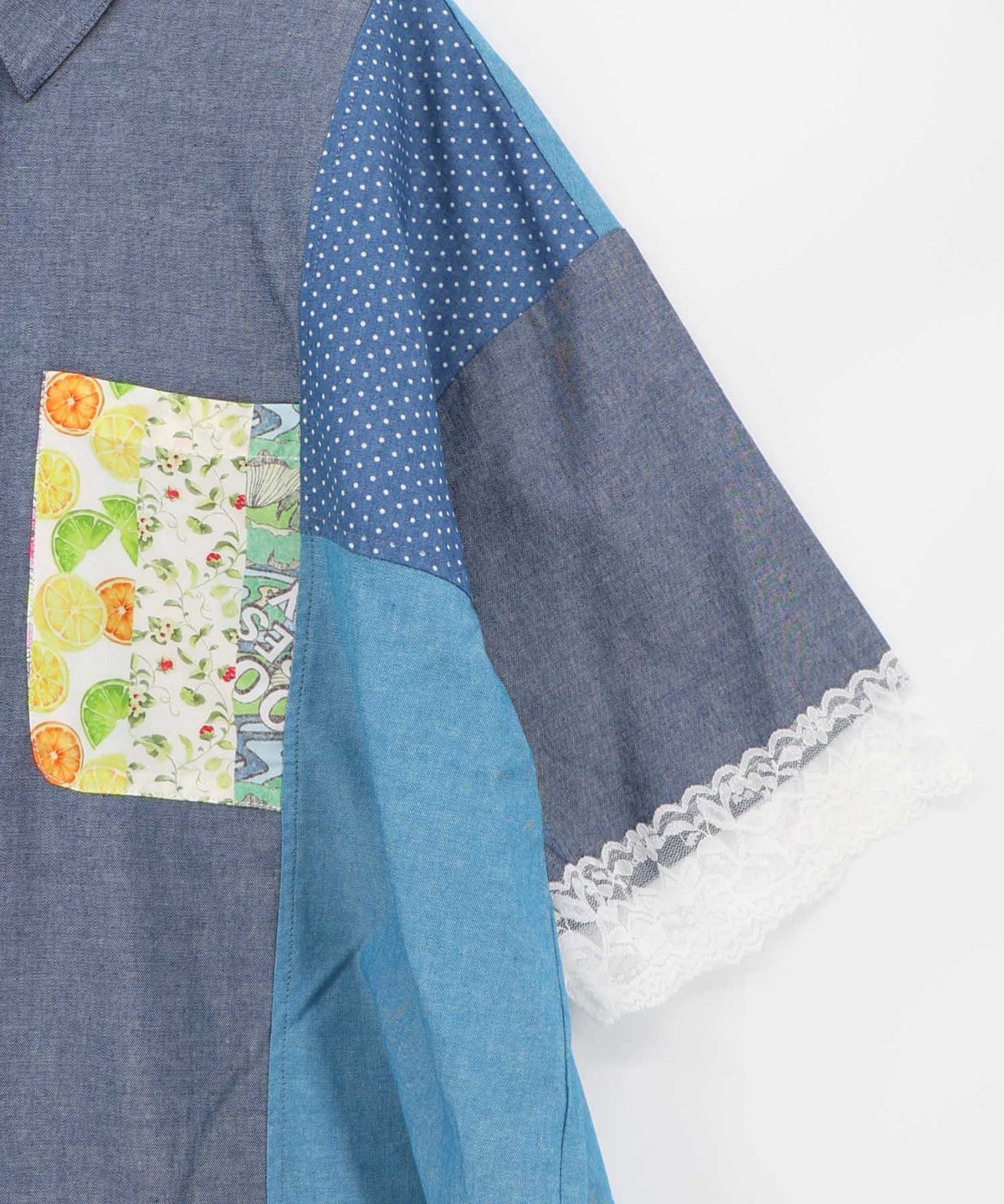 デニム×水玉×チュール×総柄 パッチワーク風シャツ-19