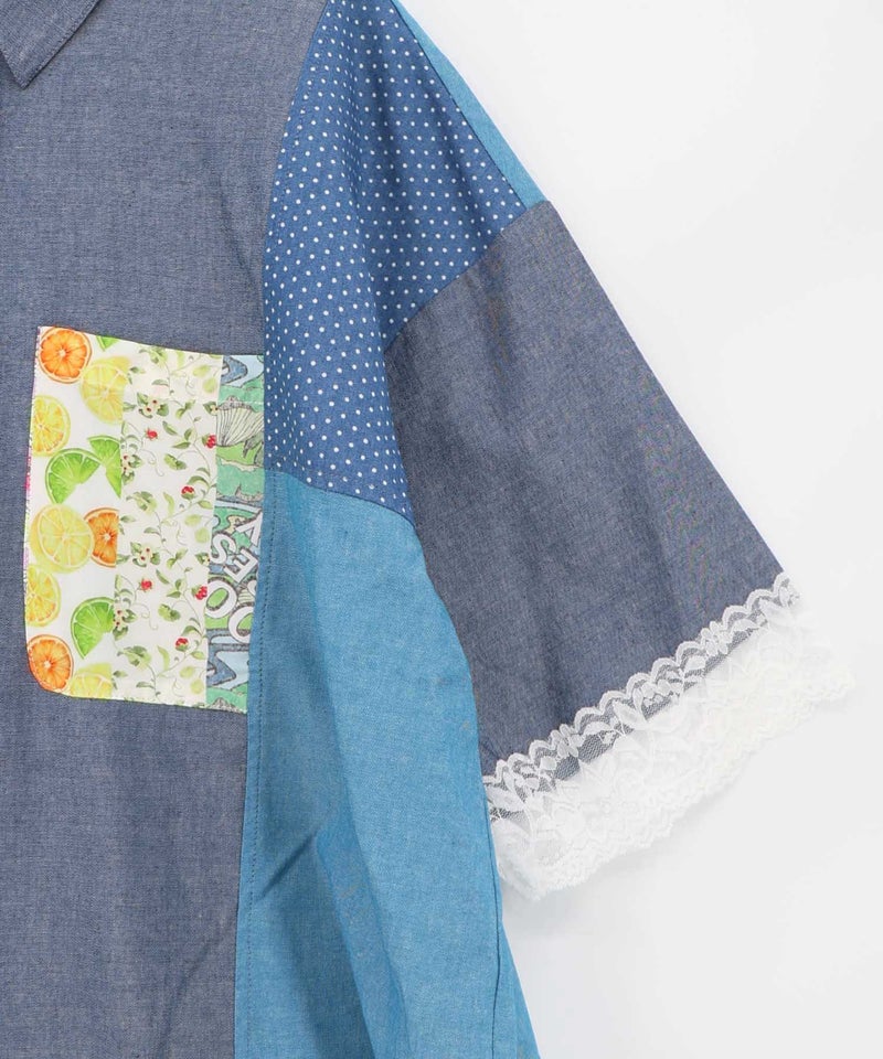 デニム×水玉×チュール×総柄 パッチワーク風シャツ-19