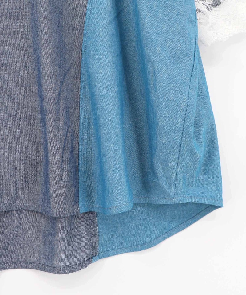 デニム×水玉×チュール×総柄 パッチワーク風シャツ-20